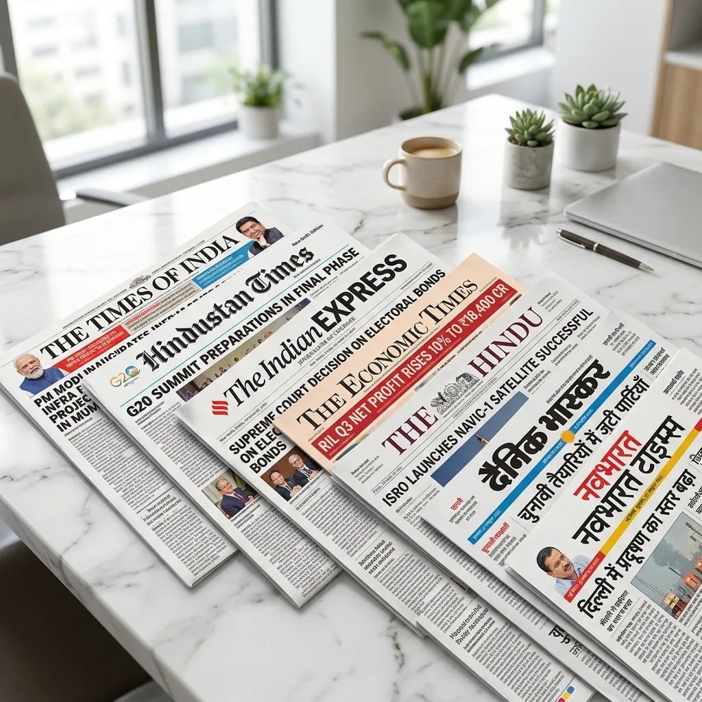 Indian newspapers spread on a desk