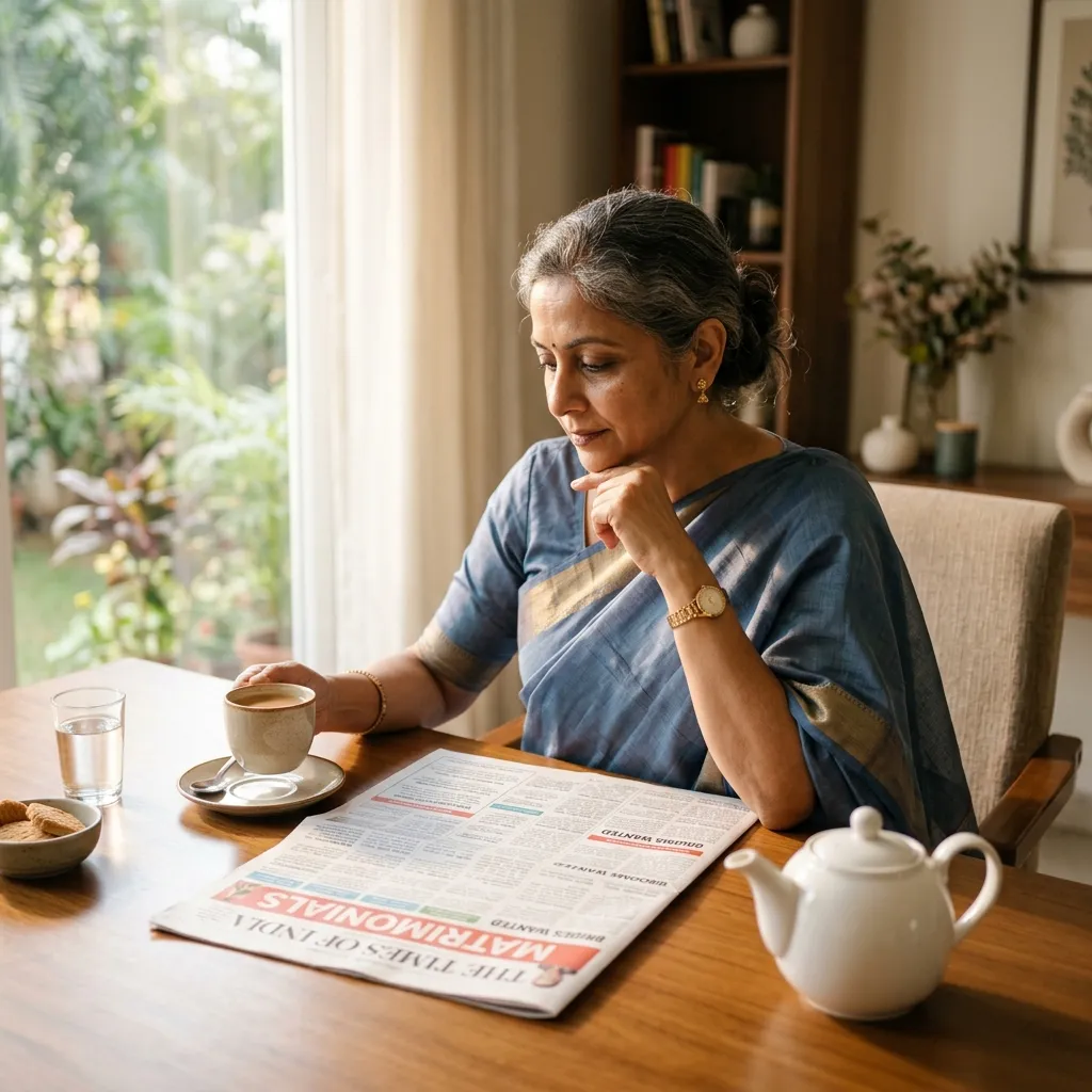 Indian mother reading matrimonial ads in the Sunday newspaper classifieds