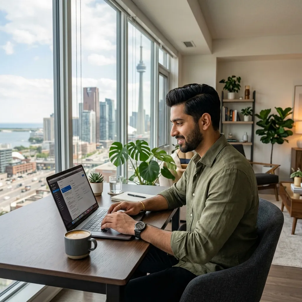 NRI man drafting his matrimonial ad details on a laptop from abroad